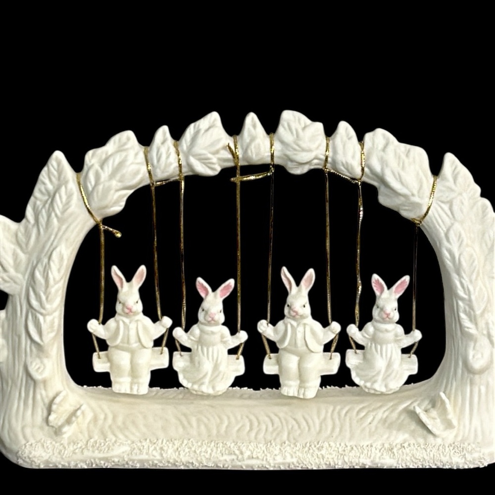 VTG Jade Collection Swinging Bunnies Ceramic Bisque Figurine